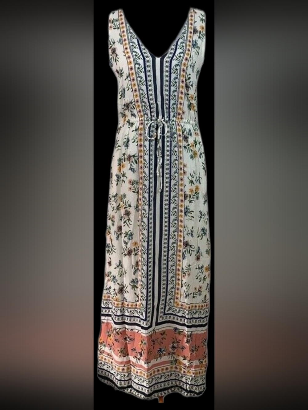 Lucky Brand Cream Maxi Dress with Navy Panels and Coral Border